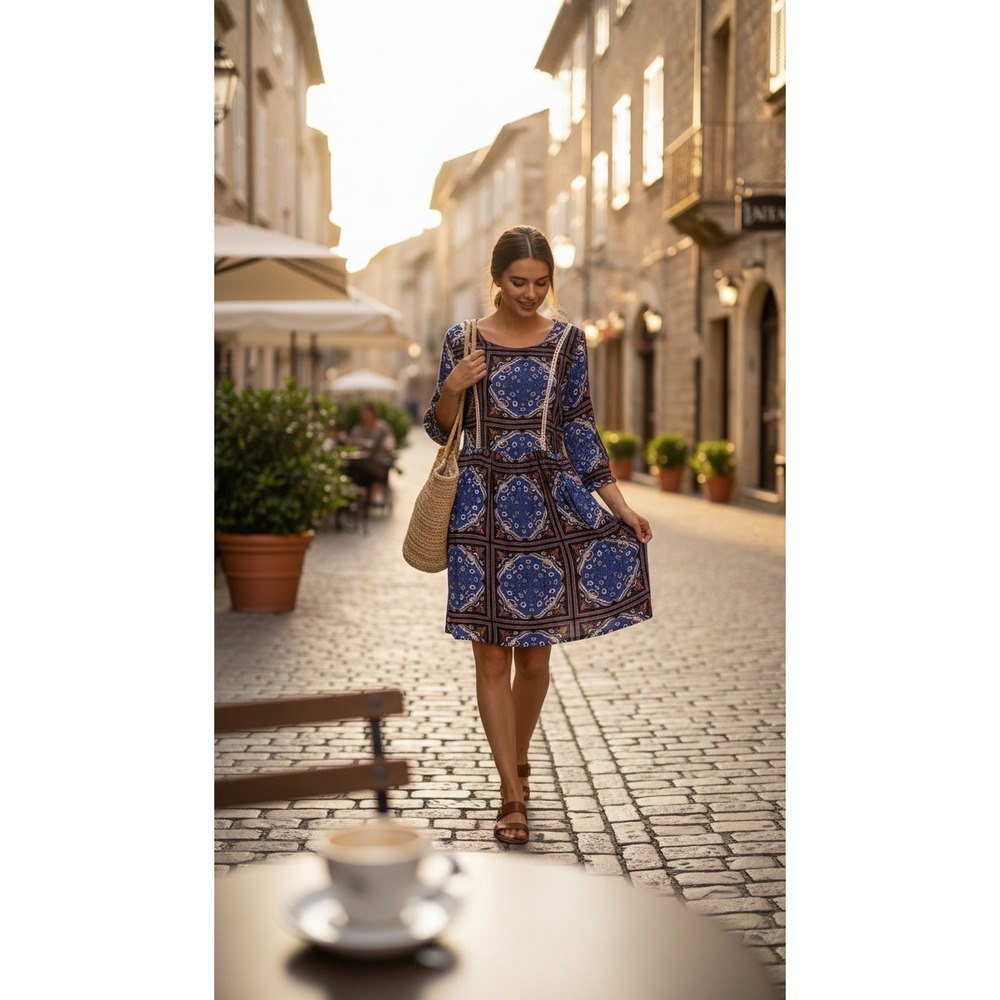 Sadie Robertson Wild Blue Boho Medallion Print‎ Mini Dress Blue Brown Crochet